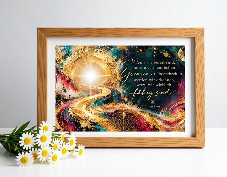 Ein holzfarbener Bilderrahmen mit einem inspirierenden Zitat von Anton Saur vor einem farbenfrohen, abstrakten Hintergrund mit einem goldenen, leuchtenden Pfad und Sternenmotiv.